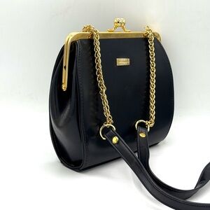 Navy Blue Faux Leather Kiss Lock Shoulder Bag with Gold Chain